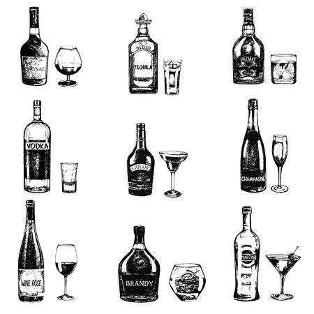 Set of sketch style hand drawn bottles of alcohol and drinks. Vector illustration isolated on white background.のイラスト素材