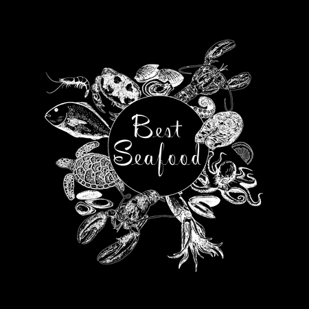 Set of hand drawn sketch style seafood. Vector illustration isolated on black background.のイラスト素材