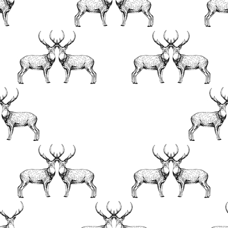 Seamless pattern of hand drawn sketch style deer. Vector illustration isolated on white background.のイラスト素材