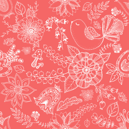 Seamless vector pattern of hand drawn sketch style abstract flowers and birds.のイラスト素材