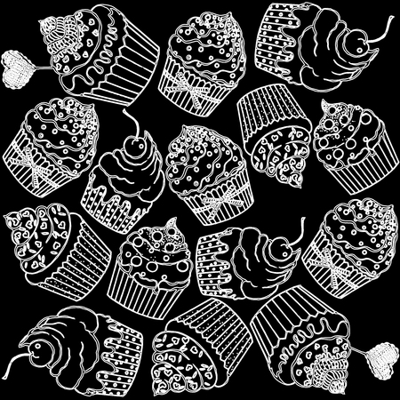 Pattern of hand drawn sketch style cupcakes. Vector illustration on black background.のイラスト素材