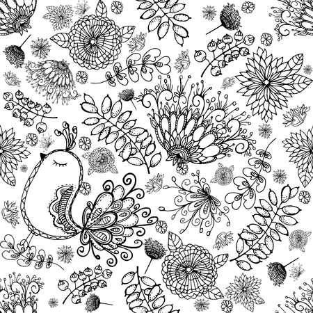 Seamless pattern of hand drawn sketch style abstract flowers and bird. Vector illustration.のイラスト素材