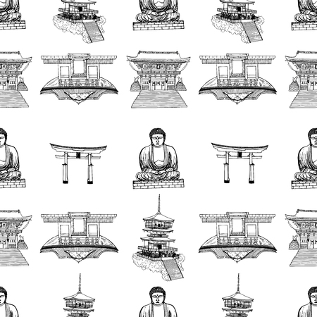 Seamless pattern of sketch style Japanese themed objects. Vector illustration isolated on white background.のイラスト素材