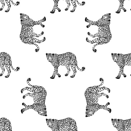 Seamless pattern of hand drawn sketch style leopards. Vector illustration isolated on white background.のイラスト素材