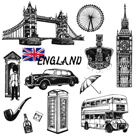 Set of hand drawn sketch style England themed objects. Vector illustration isolated on white background.のイラスト素材