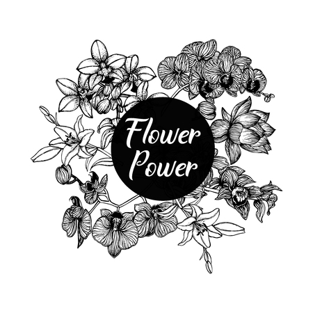 Set of hand drawn sketch style exotic flowers isolated on white background. Vector illustration.のイラスト素材
