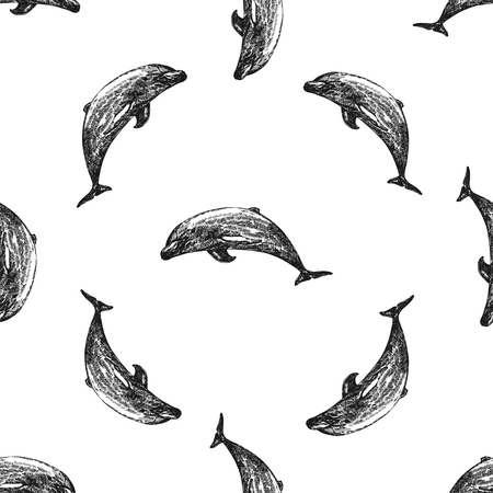 Seamless pattern of hand drawn sketch style dolphins isolated on white background. Vector illustration.のイラスト素材