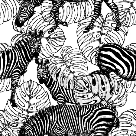 Seamless pattern of hand drawn sketch style tropical plants and zebras. Vector illustration.のイラスト素材