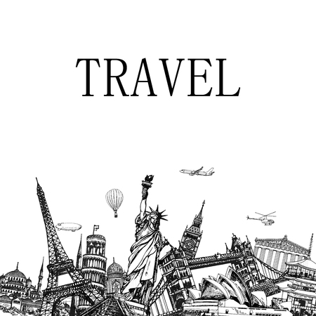 Composition of hand drawn sketch style famous landmarks, sights and different aircraft. Vector illustration.のイラスト素材