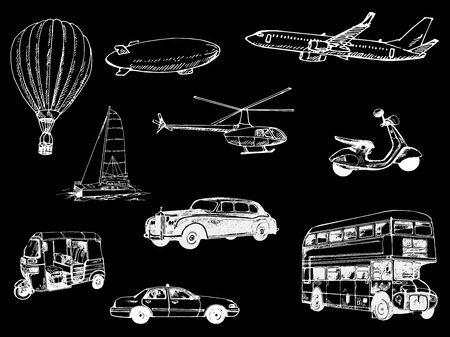 Set of hand drawn sketch style different types of transport isolated on black background. Vector illustration.のイラスト素材