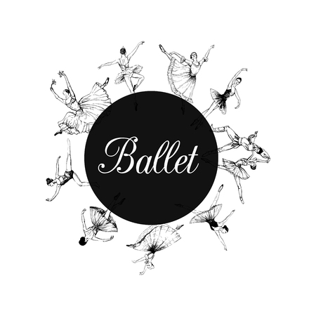 Composition of hand drawn sketch style abstract ballet dancers isolated on white background. Vector illustration.のイラスト素材
