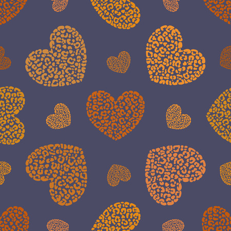 Seamless pattern of hand drawn sketch style hearts with leopard texture. Vector illustration.のイラスト素材