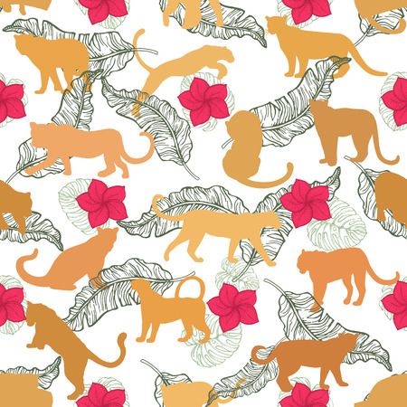 Seamless pattern of hand drawn sketch style silhouettes of leopards. Vector illustration.のイラスト素材