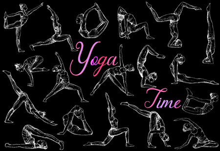 Big set of hand drawn sketch style abstract people doing yoga isolated on black background. Vector illustration.のイラスト素材