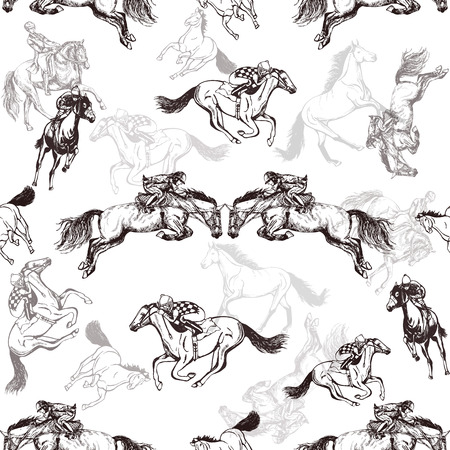 Seamless pattern of hand drawn sketch style horses and jockeys on a horses. Vector illustration isolated on white background.のイラスト素材