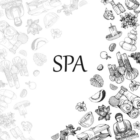 Poster card composition of hand drawn sketch style day spa themed objects isolated on white background. Vector illustration.のイラスト素材
