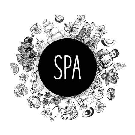 Poster card composition of hand drawn sketch style day spa themed objects isolated on white background. Vector illustration.のイラスト素材