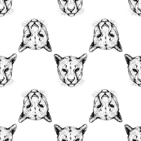 Seamless pattern of hand drawn sketch style portraits of puma isolated on white background. Vector illustration.のイラスト素材