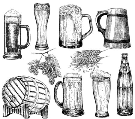 Set of hand drawn sketch style beer mugs, bottle, barrel with malt and hops isolated on white background. Vector illustration.のイラスト素材