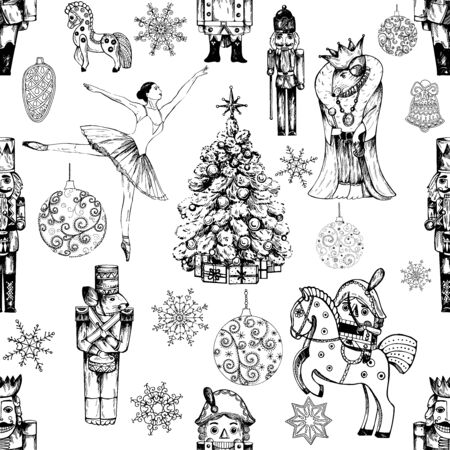 Seamless pattern of hand drawn sketch style characters and different objects related to The Nutcracker fairy tale isolated on white background. Vector illustration.のイラスト素材