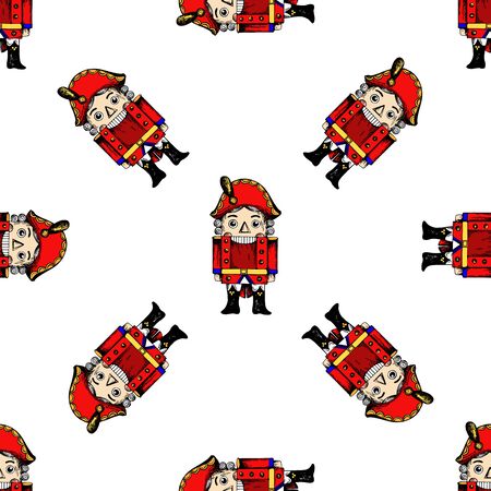 Seamless pattern of hand drawn sketch style colored Nutcracker character isolated on white background. Vector illustration.のイラスト素材