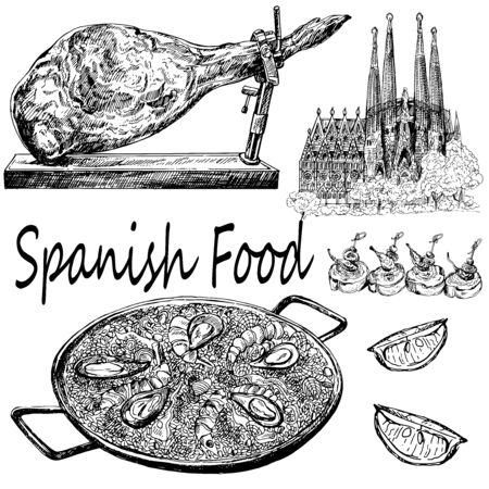 Set of hand drawn sketch style Spainish food isolated on white background. Vector illustration.のイラスト素材