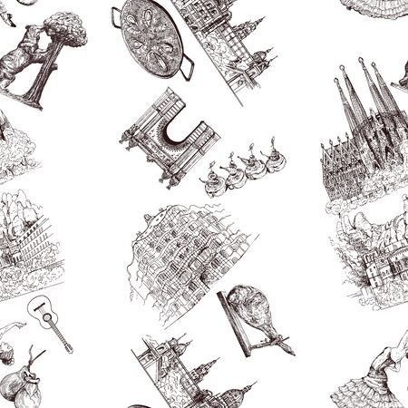 Seamless pattern of hand drawn sketch style Spain related objects isolated on white background. Vector illustration.のイラスト素材