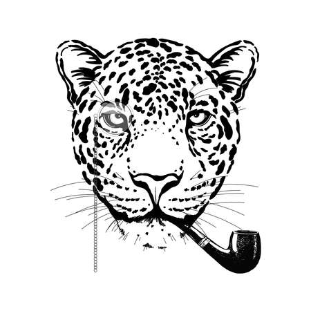 Hand drawn sketch style burlesque portrait of funny leopard with smoking pipe isolated on white background. Vector illustration.のイラスト素材