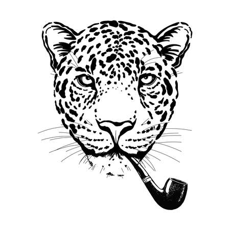 Hand drawn sketch style burlesque portrait of funny leopard with smoking pipe isolated on white background. Vector illustration.のイラスト素材