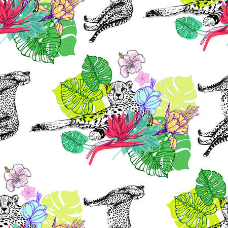 Seamless pattern of hand drawn sketch style cheetah with tropical plants and flowers isolated on white background. Vector illustration.のイラスト素材