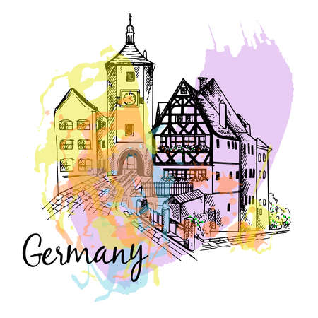 Poster card composition of German city scape isolated on white background. Vector illustration.のイラスト素材