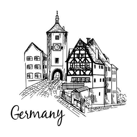 Poster card composition of German city scape isolated on white background. Vector illustration.のイラスト素材