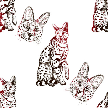 Seamless pattern of hand drawn sketch style isolated servals. Vector illustration.のイラスト素材