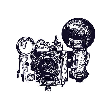Hand drawn sketch style vintage photo camera isolated on white background. Vector illustration.