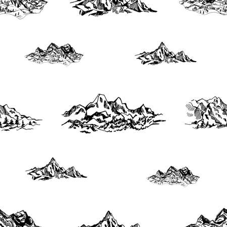 Seamless pattern of hand drawn sketch style mountains isolated on white background. Vector illustration.のイラスト素材