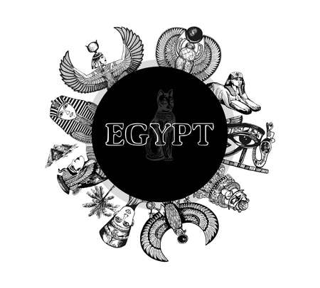 Poster card with hand drawn sketch style Egyptian themed objects. Vector illustration.のイラスト素材
