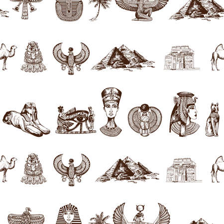 Seamless pattern of hand drawn sketch style Egyptian themed objects isolated on white background. Vector illustration.の写真素材
