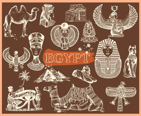 Set of hand drawn sketch style Egyptian themed objects. Vector illustration.のイラスト素材