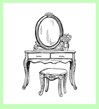 Hand drawn sketch style vintage dressing table isolated on white background. vector illustration.のイラスト素材