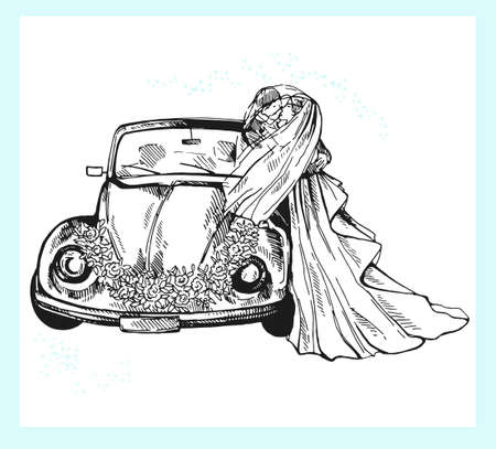 Abstract hand drawn sketch style wedding car with newlyweds isolated on white background. vector illustration.のイラスト素材
