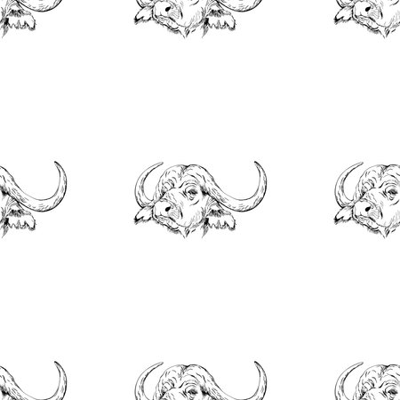 Seamless pattern of hand drawn sketch style Buffalo. Vector illustration.のイラスト素材