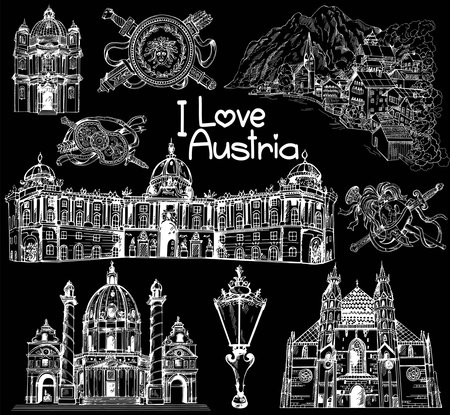Set of hand drawn sketch style Austria related places, buildings, objects isolated on black background. Vector illustration.のイラスト素材