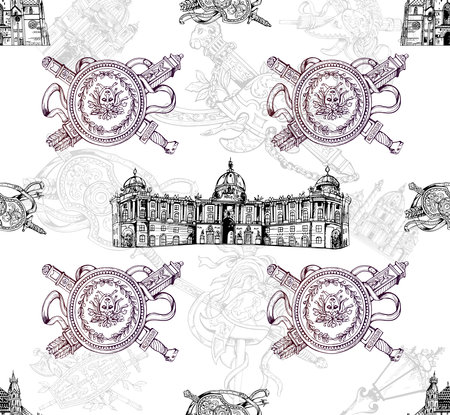 Seamless pattern of hand drawn sketch style Austria related places, buildings and objects isolated on white background. Vector illustration.のイラスト素材
