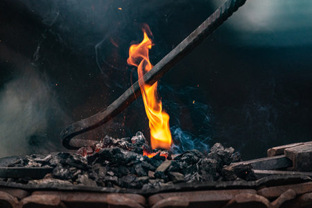 Close-up of a fire in a blacksmith's forge.の写真素材