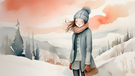 Beautiful girl in winter landscape. 3d illustration. Toned.の素材