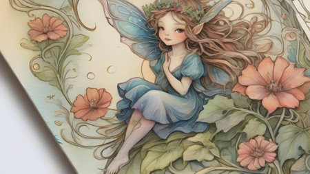 Cute little fairy in a blue dress with a crown of flowersの素材