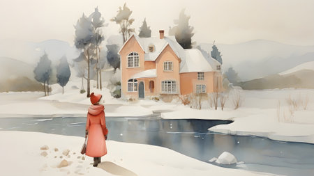 Winter landscape with a girl in a red coat standing near a houseの素材