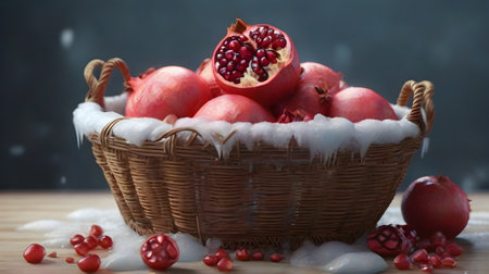 Ripe pomegranates in a basket on a wooden tableの素材