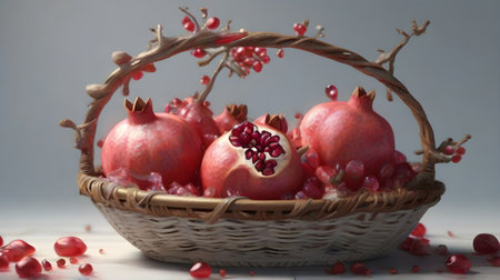 Ripe pomegranates in a basket on a gray backgroundの素材