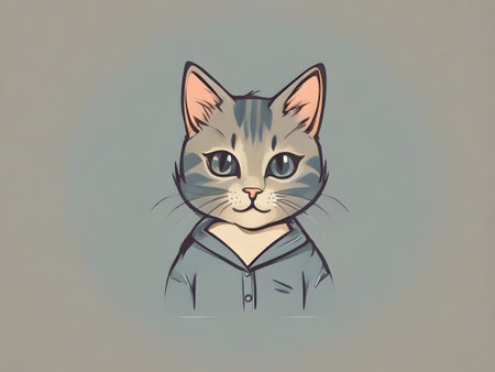Illustration of a gray cat in a shirt on a gray backgroundの素材